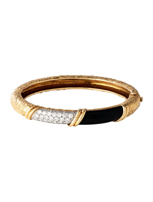 Van Cleef & Arpels Vintage Onyx & Diamond Hinged Bangle Bracelet, 6.5" in multicolor from The RealReal