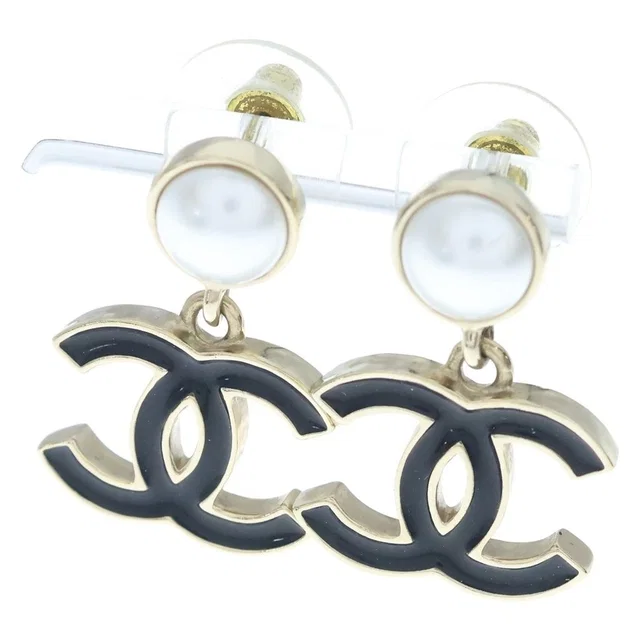 Chanel CC Logo Pearl Earrings Gold Black in Black from The Reluxe