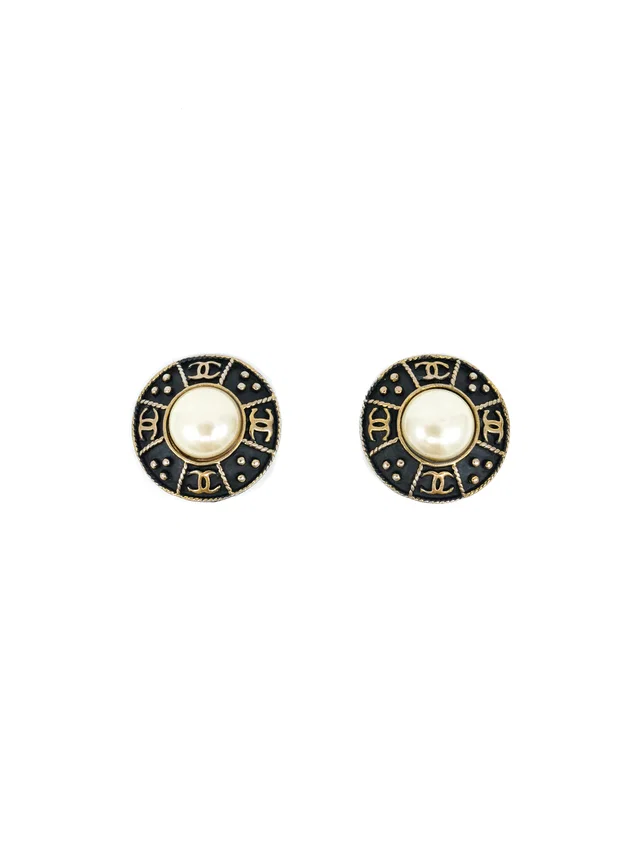 Chanel Patinated Bronze and Pearl Logo Medallion Earrings from Arcade Vintage