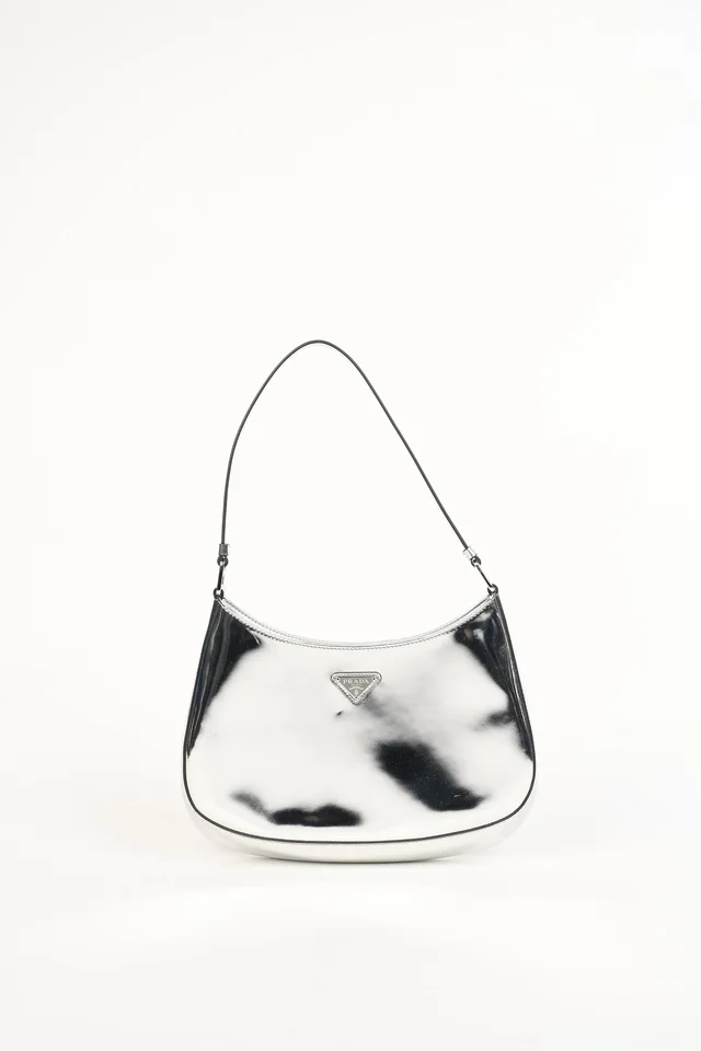 Prada Brushed Leather Cleo Shoulder Bag in Silver Leather from Break Archive
