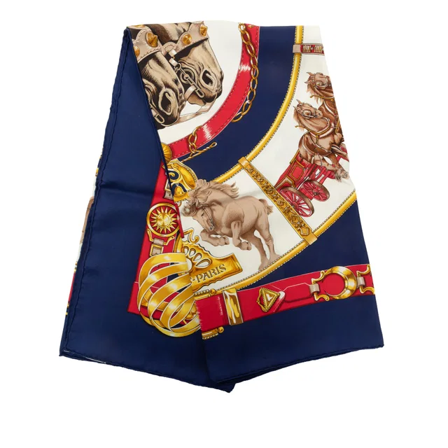 Blue Hermès Chevaux de Trait Silk Scarf 90 Scarves in Blue Silk from Designer Revival