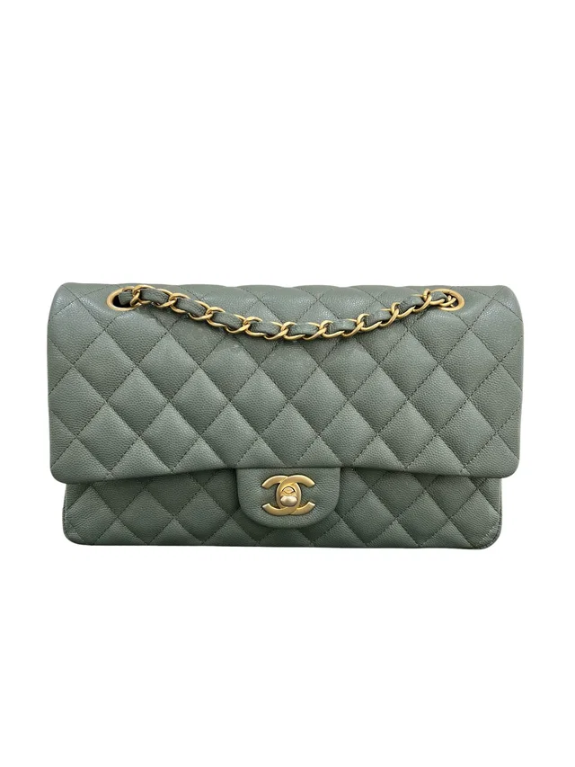Chanel Classic Double Flap Glittered Olive Green Caviar Matte GHW in Green Caviar leather from Luxury Promise