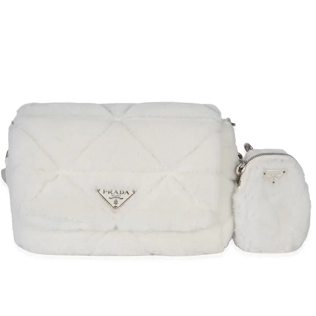 Prada White Shearling Patchwork System Flap Bag Exotic Handbag in White from HEWI