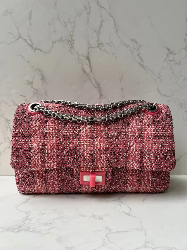 Chanel Reissue Medium 2.55 Tweed Pink Flap SHW #27 Comes with Dustbag in Pink Tweed from Luxury Promise