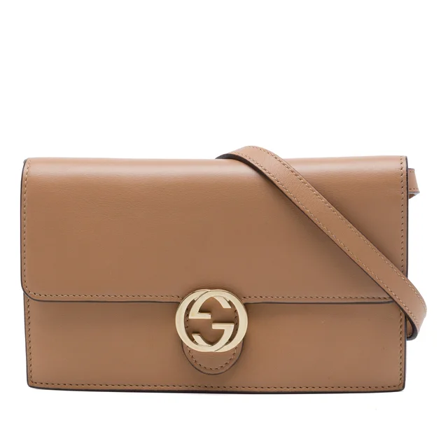 Beige Gucci Calfskin Interlocking G Wallet on Chain Crossbody Bag in Beige Calfskin from Designer Revival