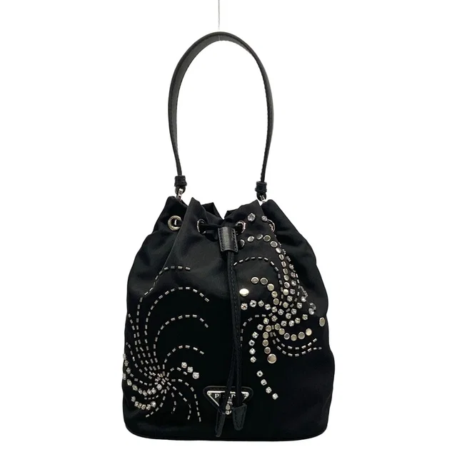 Prada Handbag Black Drawstring Rhinestone Beads Studs Re-Nylon Leather in Black Nylon from The Reluxe