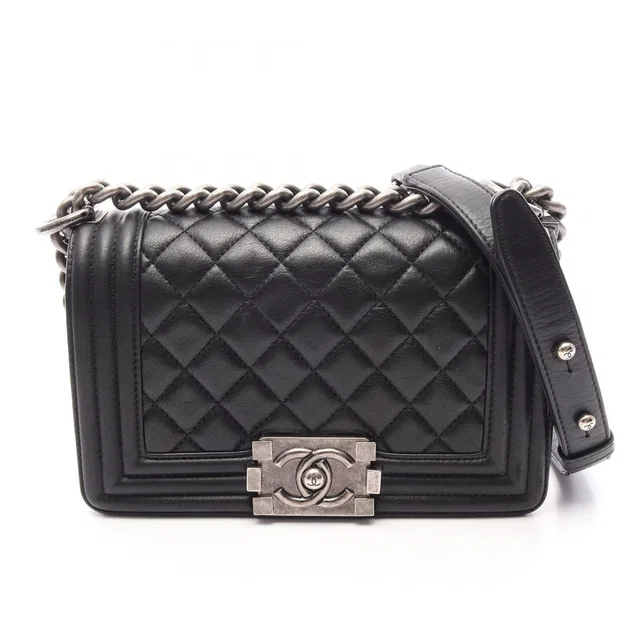 Chanel Shoulder Bag Boy Small Black Leather Chain in Black Leather from The Reluxe