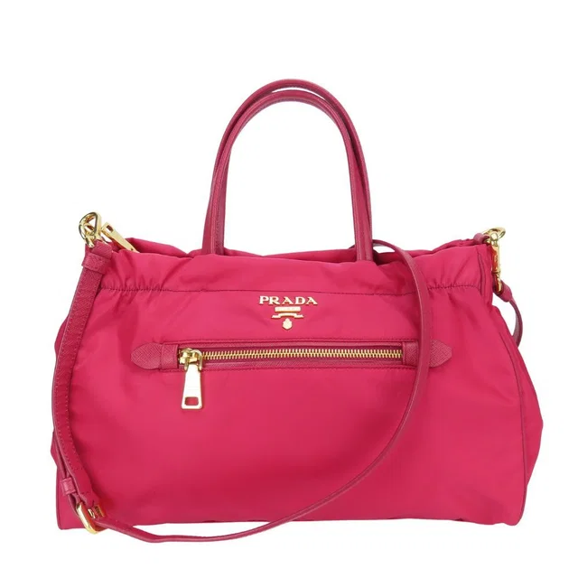 Prada Handbag Nylon Leather Shocking Pink Gold 2-Way Crossbody Shoulder in Pink Nylon from The Reluxe