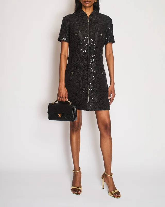 Chanel Black Padded Short-Sleeved Mini Dress with Sequin Camellia Embroideries and Front Pockets with… in Black Silk from Sellier
