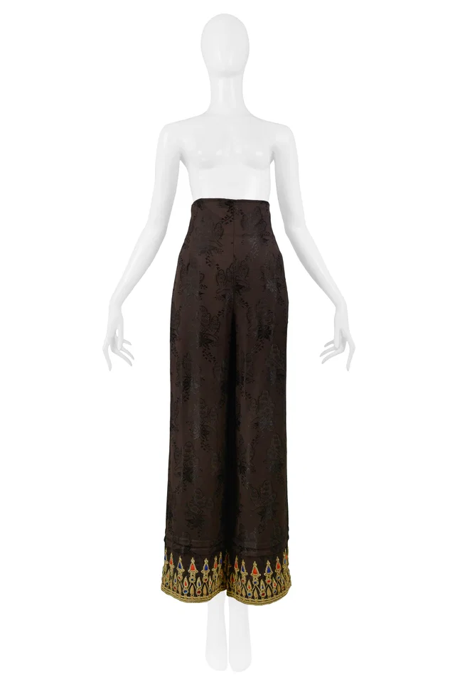 Christian Lacroix Brown Floral Pants With Gold Blue & Red Embroidery in Brown from Resurrection Vintage