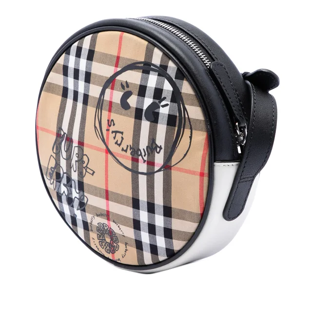 Beige Burberry House Check Canvas and Calfskin Cartoon Print Round Crossbody in Beige Calfskin from Designer Revival, photo 2 of 6