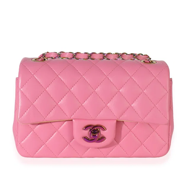 Chanel Pink Quilted Lambskin Rainbow Mini Rectangular Flap Bag Leather Handbag in Pink Lambskin from HEWI