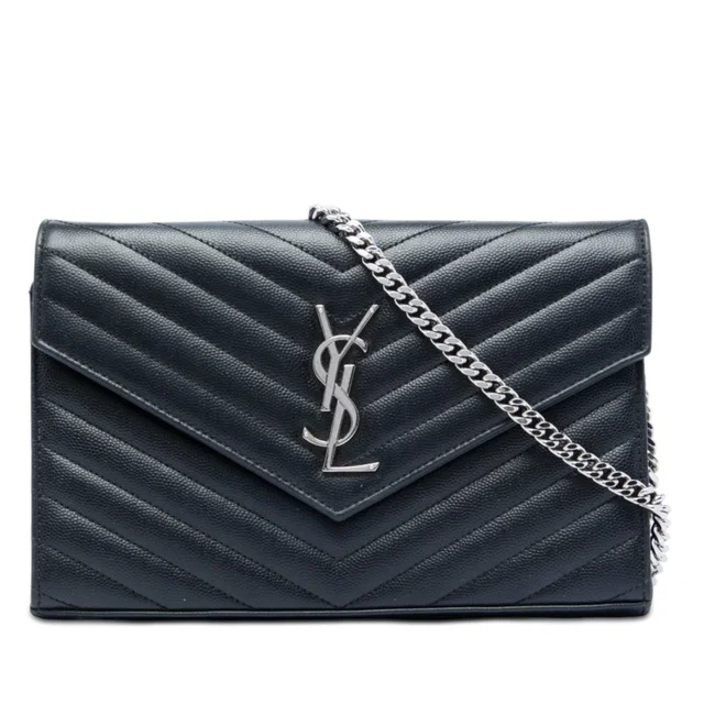 Black Saint Laurent Grain De Poudre Chevron Cassandre Envelope Chain Wallet Crossbody Bag in Black Leather from Designer Revival