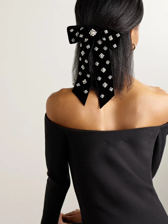 JENNIFER BEHR Margaret pearl-like embellished velvet bow hair clip in Black, photo 2 of 2 from NET-A-PORTER (Canada)