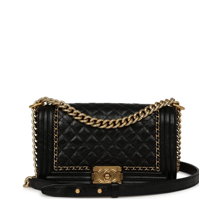 Chanel Medium Boy Bag Black Aged Calfskin Antique Gold Hardware in Black Calfskin from Madison Avenue Couture