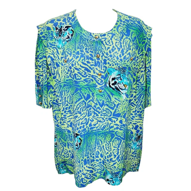 Escada Vintage Silk Tiger Print Blouse Blue Green Short Sleeve in green|blue Silk from Poshmark