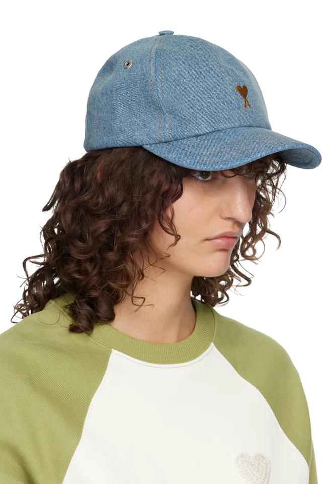 AMI Paris Blue Denim Ami de Coeur Embroidery Cap, photo 2 of 3 from SSENSE