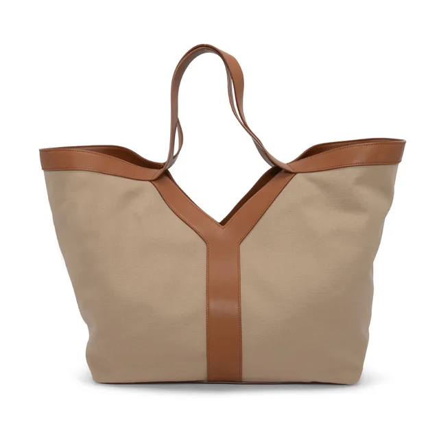 Saint Laurent Leather & Canvas Y Tote in Brown & Ecru Canvas from Blue Spinach