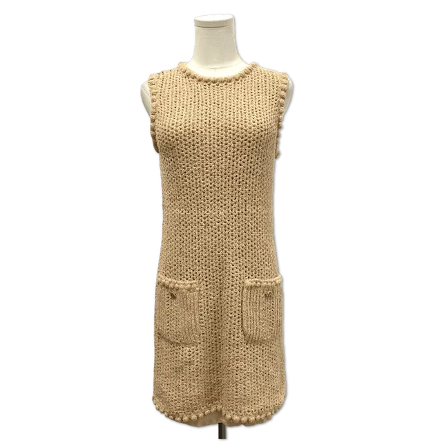 Chanel Beige Open-Knit Sleeveless Pocket Mini Dress size 38 in Beige from Luxury Promise