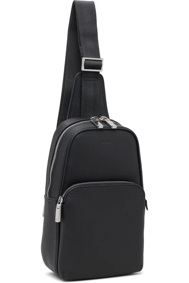 BOSS Navy Leather Logo-Embossed Sling Bag, photo 2 of 4 from SSENSE