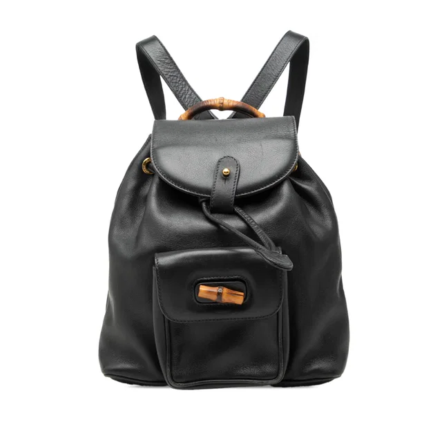 Black Gucci Calfskin Bamboo Drawstring Backpack in Black Calfskin from Designer Revival