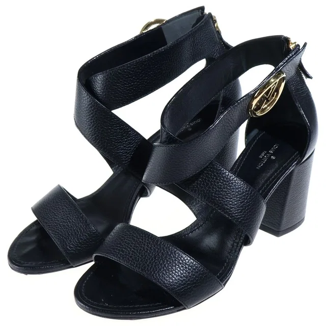 Horizon Line Sandals LV Mark Black Leather in Black Leather from The Reluxe