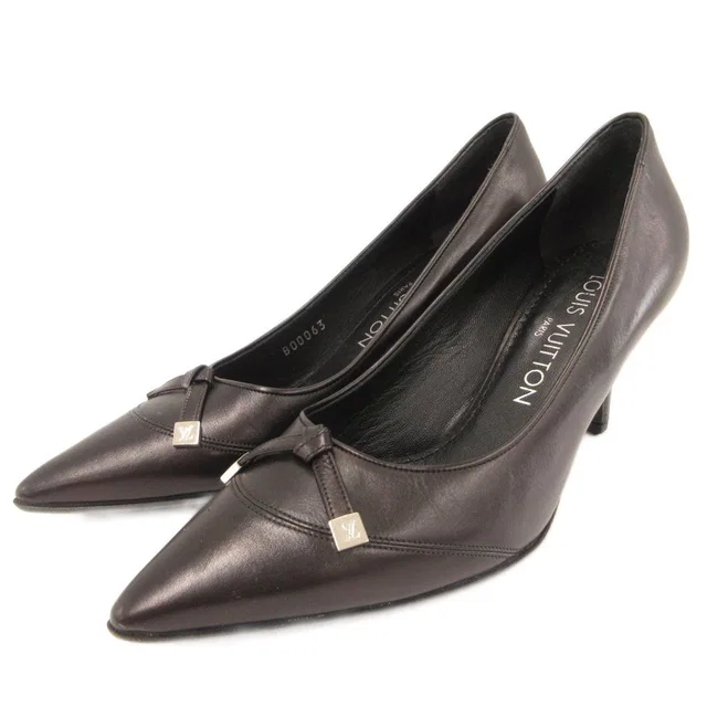 LV Monogram Metal Logo Leather Pumps Shoes Pointed Toe Ribbon in Leather from The Reluxe