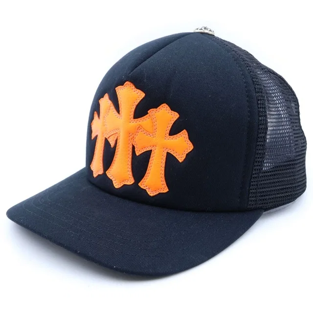 Chrome Hearts Track Khaki Cap 3 Cemetery Leather Patch Mesh Cap Black Orange Hat in Black Leather from The Reluxe