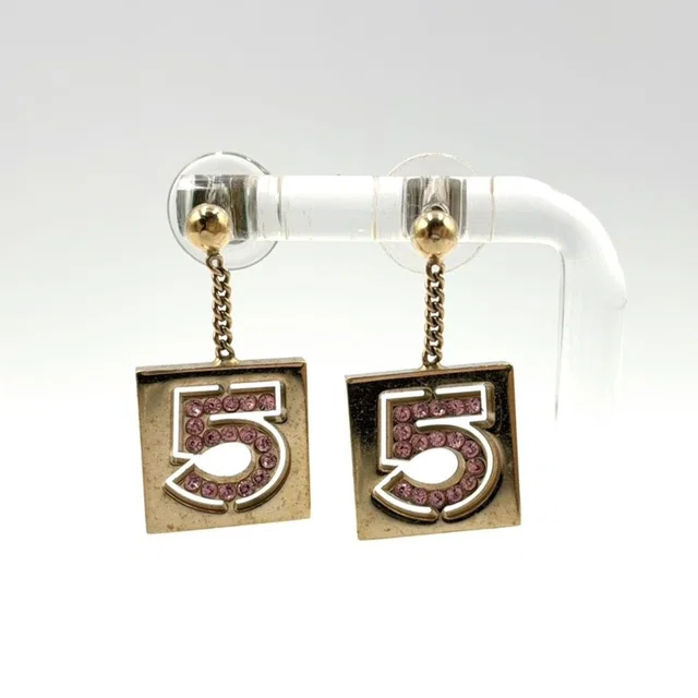 Chanel No 5 Rhinestone Square Gold Pink Earrings in Pink from The Reluxe
