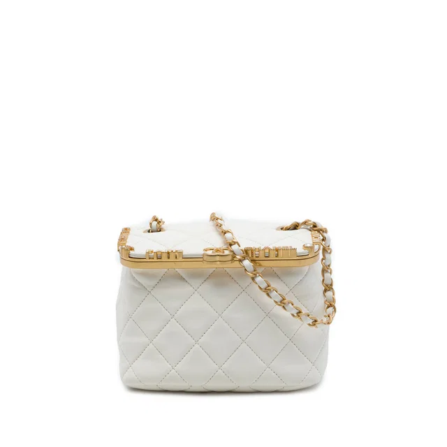 White Chanel Mini Quilted Lambskin Paris Monaco Kiss Lock Vanity Bag in White Lambskin from Designer Revival