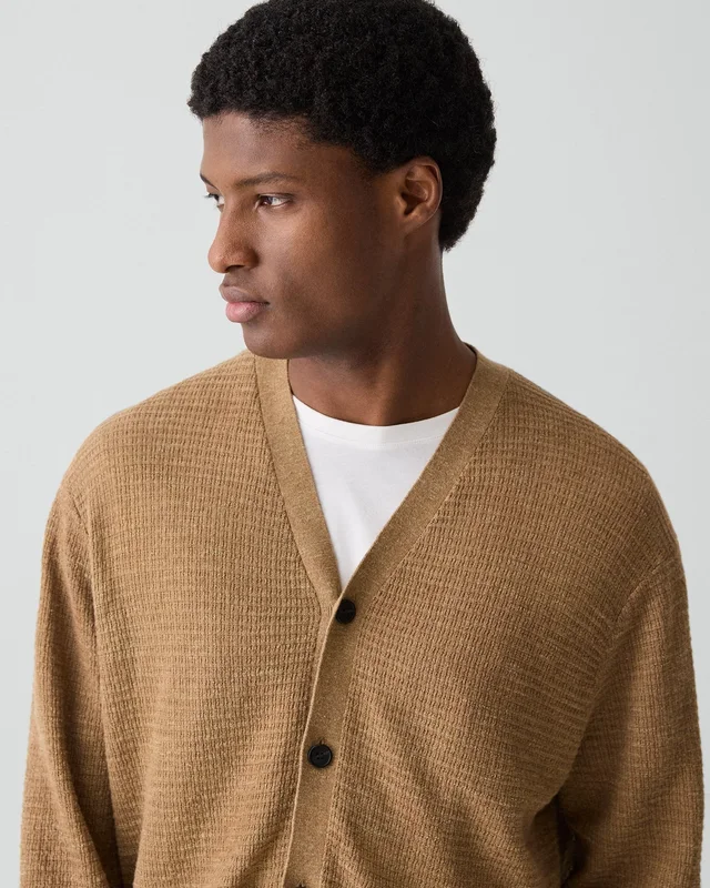 Theory V-Neck Cardigan in Pacific Linen in FRESH KHAKI 65% Linen, 23% Cotton, 12% Polyester; Exclusive Of Elastic, photo 4 of 14 from Theory