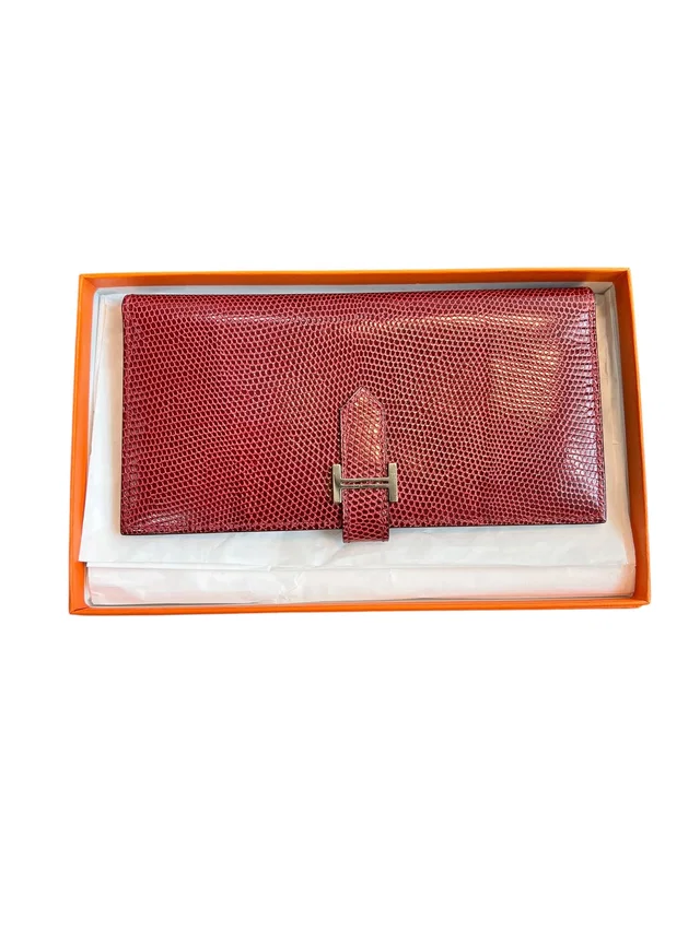 Hermès Bearn Wallet Rouge Moyen Shiny Lizard PHW in Red Lizard from Luxury Promise