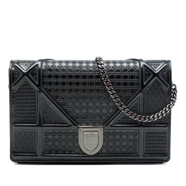 Black Dior Metallic Patent Microcannage Diorama Wallet on Chain Crossbody Bag in Black Patent leather from Designer Revival