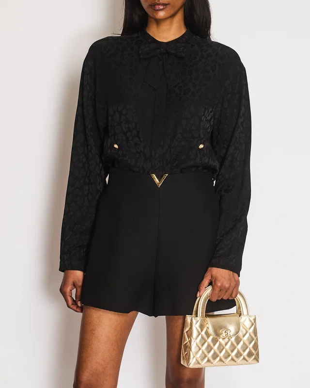 Chanel Black Silk Leopard Print Button Down Shirt with CC Logos and Bow Detail with Gold CC Logo… in Black Silk from Sellier
