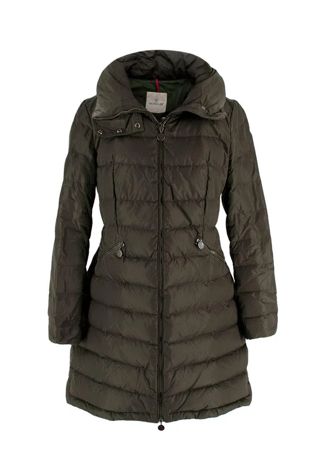 Moncler Khaki Longline Flammette Puffer Coat in Green from HEWI