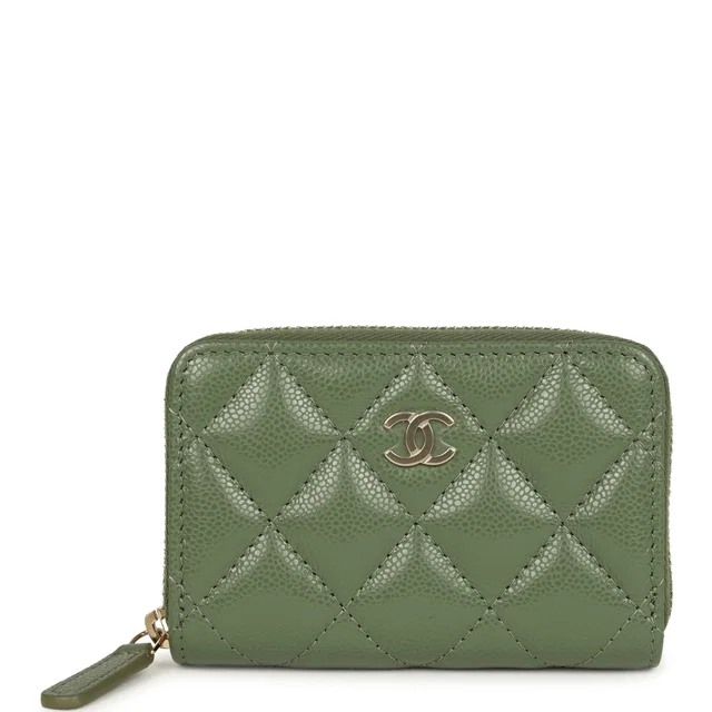 Chanel Classic Zipped Coin Purse Wallet Khaki Shiny Caviar Light Gold Hardware in Green Caviar leather from Madison Avenue Couture