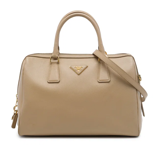 Beige Prada Saffiano Lux Convertible Bowler Bag Satchel in Beige Saffiano leather from Designer Revival