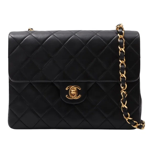 Chanel Circa 1990s Square Classic Flap Chain Bag, Black in Black Lambskin from VINTAGE QOO TOKYO