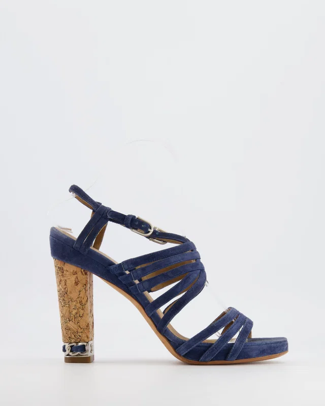 Chanel Strappy Heeled Sandals in Navy Blue Suede with Cork Heels and Silver Chain Detail with … 39.5C in Navy Suede from Sellier