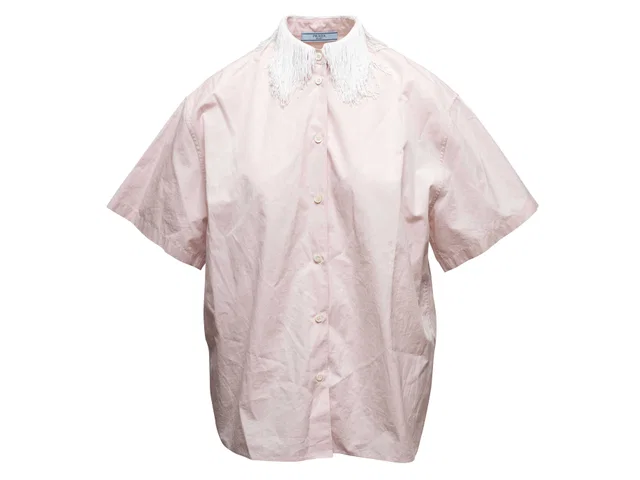 Light Pink & White Prada Short Sleeve Fringe Collar Button-Up Size IT 36 in White from Designer Revival