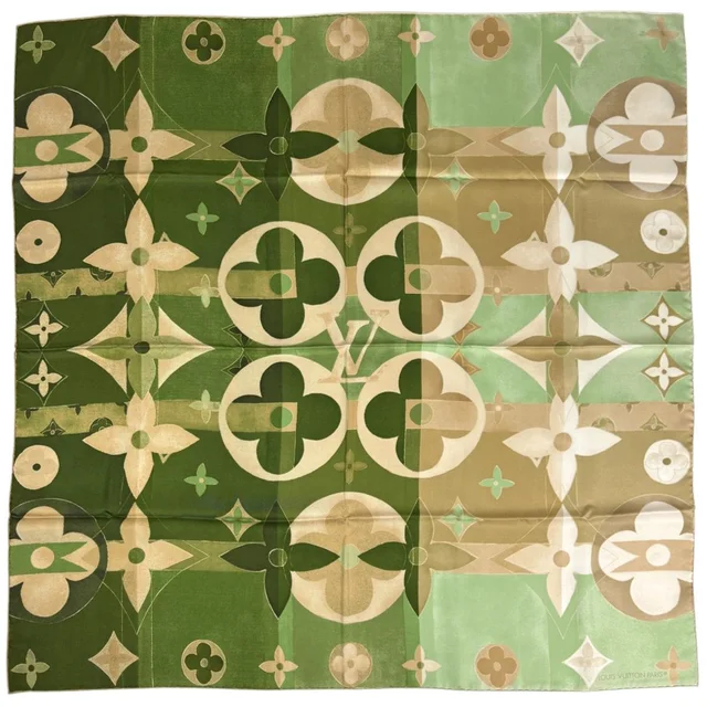 Louis Vuitton Scarf Monogram Silk Green Beige in Beige Silk from The Reluxe