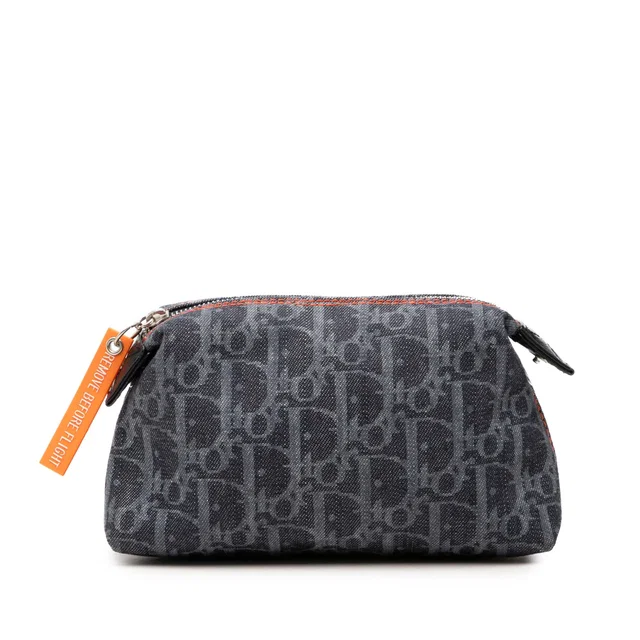 Blue Dior Oblique Denim Flight Cosmetic Pouch in Blue Denim from Designer Revival