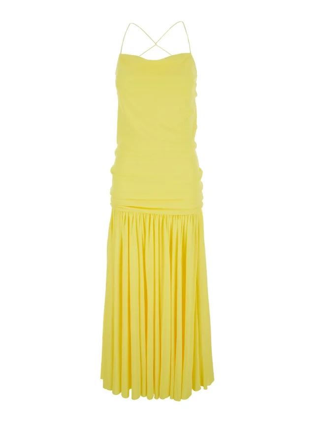 Jacquemus Yellow Dress with Straight Neckline and Gathered Waist in Tech Fabric for Women in Yellow 83% Viscose 17% Polyamide from Gaudenzi Boutique, photo 1 of 1
