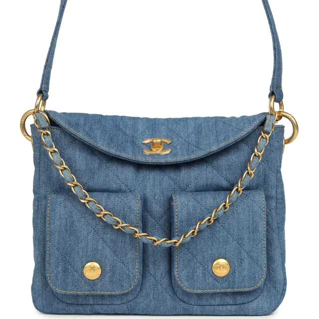 Chanel Small Supple Twins Hobo Bag Light Blue Denim Brushed Gold Hardware in Blue Denim from Madison Avenue Couture