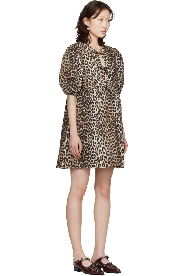 GANNI Beige Leopard Printed Cotton Tie String Minidress, photo 2 of 4 from SSENSE