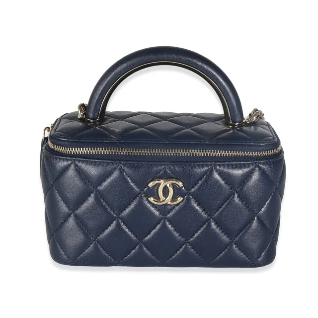Chanel Navy Quilted Lambskin Top Handle Vanity Case With Chain Blue Leather Handbag in Navy Lambskin from HEWI