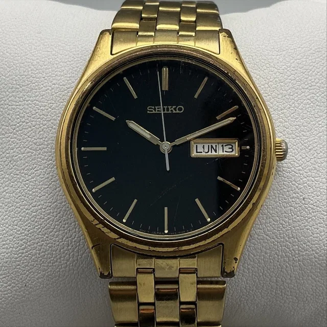Vtg Seiko 7n43-9048 Mens Watch 36mm Black Dial Gold Tone Day Date New Batt 7.5" in black|gold from Poshmark
