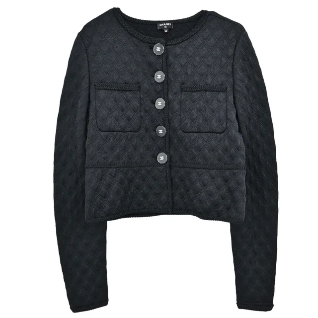 Chanel 2017 Single Breasted Collarless Jacket Black #40 in Black Silk from AMORE Vintage Tokyo