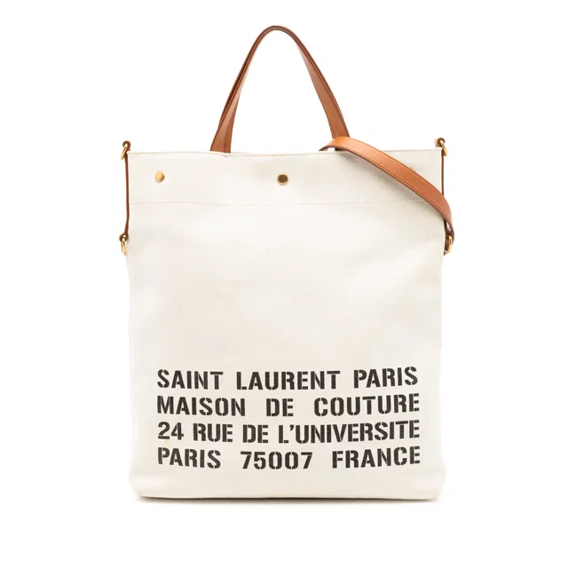 Beige Saint Laurent Canvas Stencil Logo Convertible Tote Satchel in Beige Canvas from Designer Revival