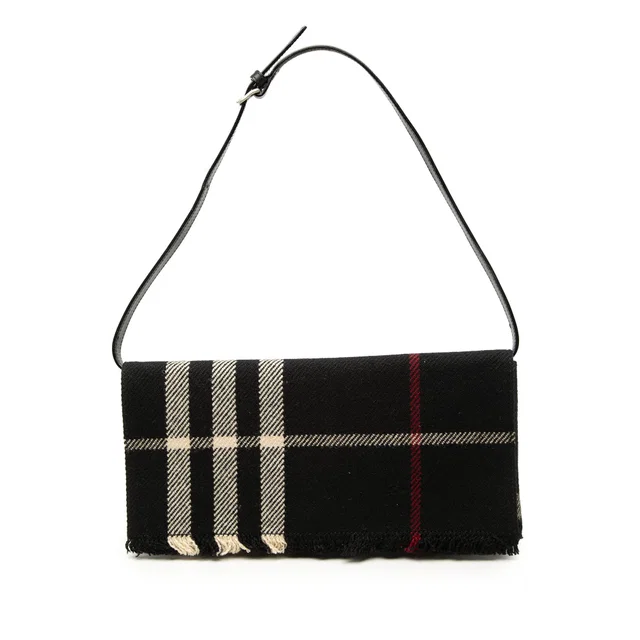 Black Burberry Exploded Check Wool Fringe Shoulder Bag in Black Wool from Designer Revival